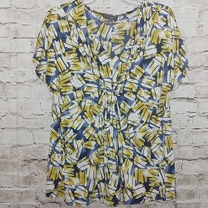Suzie Couture Blouse Plus Size 1X Yellow Blue Short Sleeve Slinky Vneck EUC